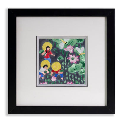 Ebherys Hunan Hand Embroidery Artwork, Handmade Paintings with Wood Frame Hanging on the wall as Room Decoration Home Accessories, Meaningful Gifts for Mother Daughter and Friends (Picking Lotus)