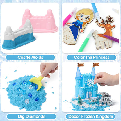 G.C Sensory Bin for Girl Kid Toy, Play Sand Art Kit with Sandbox/2lb Sand/Castle/Molds/Princess Figure, Winter Sensory Toy Christmas Birthday Gift for Girl Toddler Ages 3 4 5 6 7 8