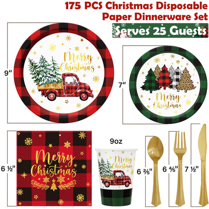 Christmas Party Decorations Supplies - 175 PCS Christmas Xmas Disposable Dinnerware Set(25 Guest) with Buffalo Plaid Truck Tree Paper Plates Napkin Cup Plastic Fork Knives Spoon for Holiday Decor