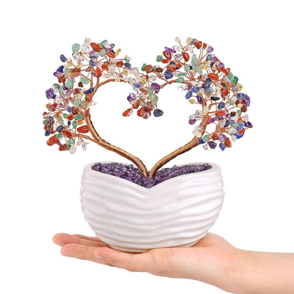 GEHECRST 7 Chakra Healing Crystal Tree Heart Shape Crystal Gemstone Bonsai Money Tree Feng Shui Crystal Ornament for Home Office Desk Decor Good Luck Crystals Gifts for Mom Christmas Day Her Women