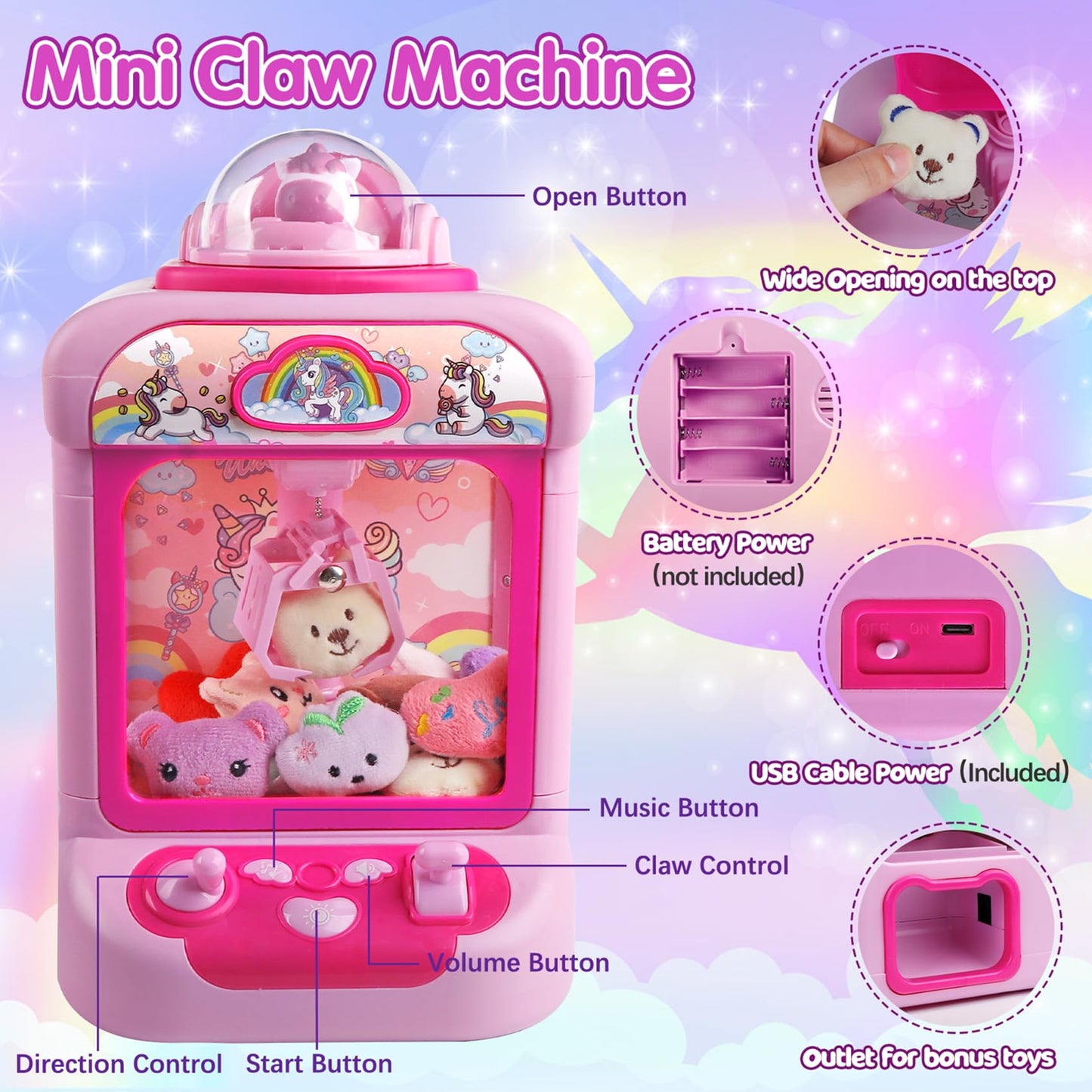 Mini Claw Machine for Kids - Unicorn Candy Grabber Vending Machine Toy with 20 Plush Prizes, Arcade Prize Dispenser Game, Girl Toys Age 3-8, Christmas Birthday Easter Gift