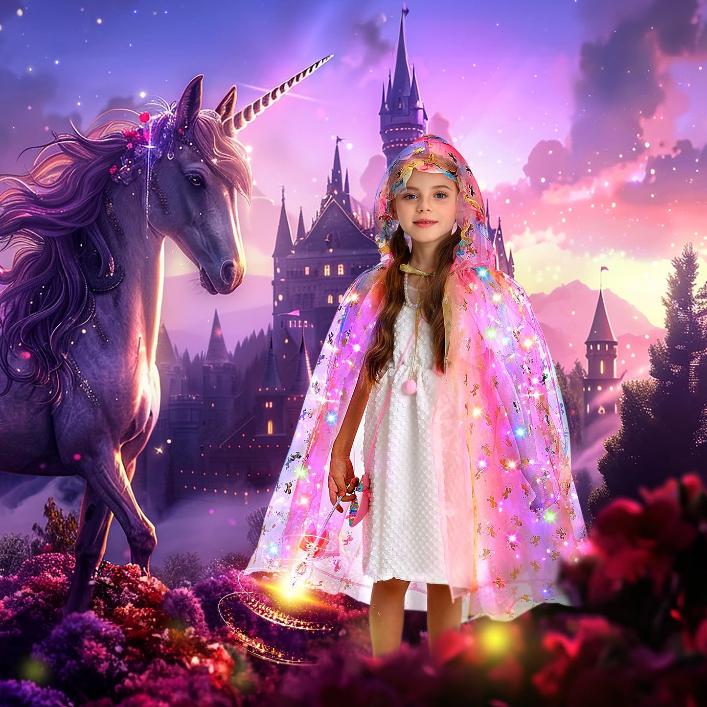 Fedio Princess Dress up for Girls,Unicorn Light up Princess Cape Set,Light up Princess Dress with Unicorn Toys for Girls 3-8 Halloween Pink
