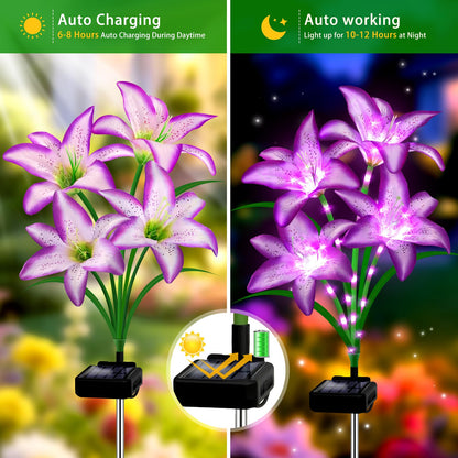 Solar Lights Outdoor, Gift for Women Mom Grandma Wife Daughter, 4 Pack 16 Solar Purple Lily Flower Lights Solar Flower Light Waterproof, Outside Decor Stake Light for Landscape Yard Patio Lawn Garden