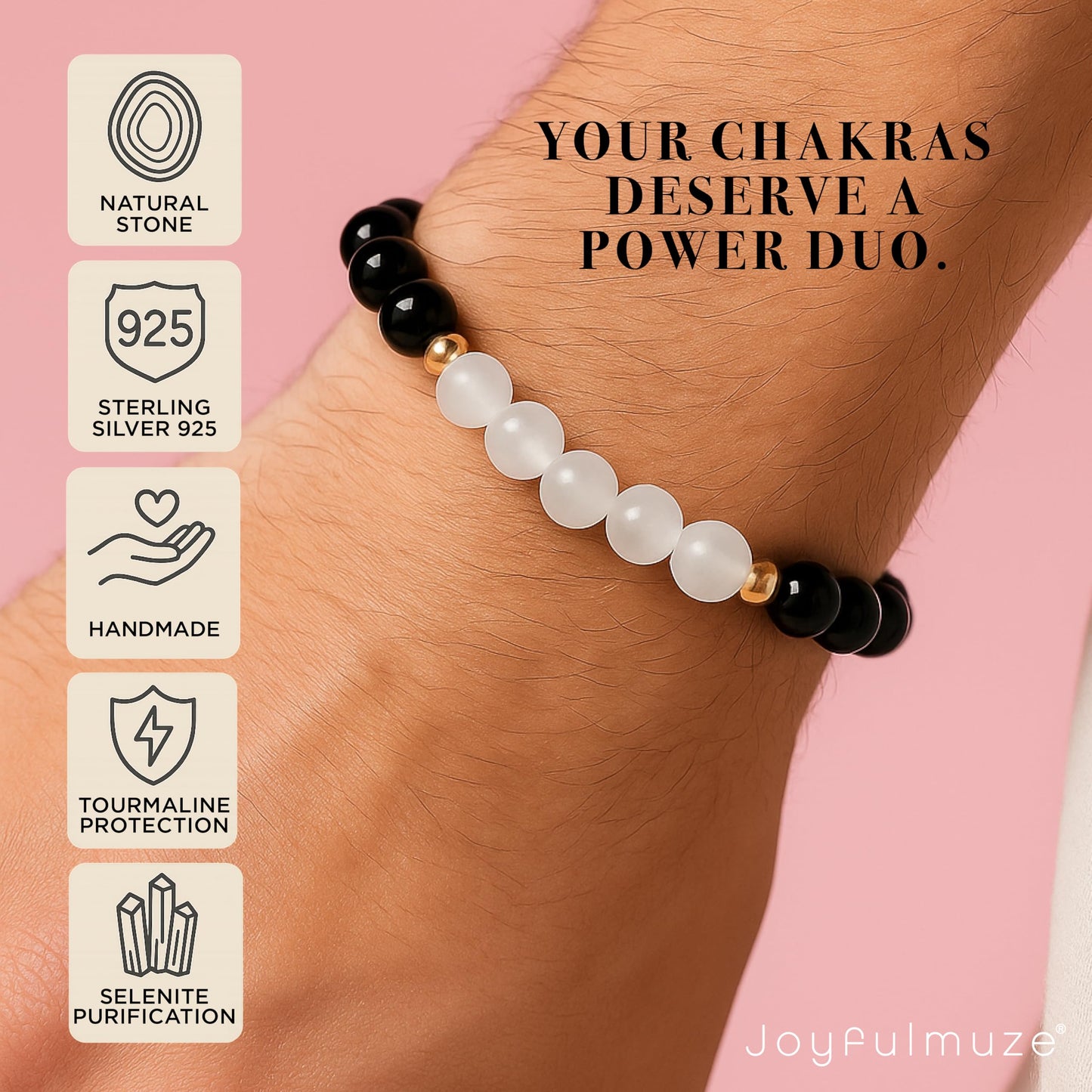 Joyfulmuze Black Tourmaline Selenite Bracelet, Handmade Stretch Jewelry, Natural Calming Crystals, Simple Genuine Chakra Energy Bracelet, Gifts for Women and Man, 8mm