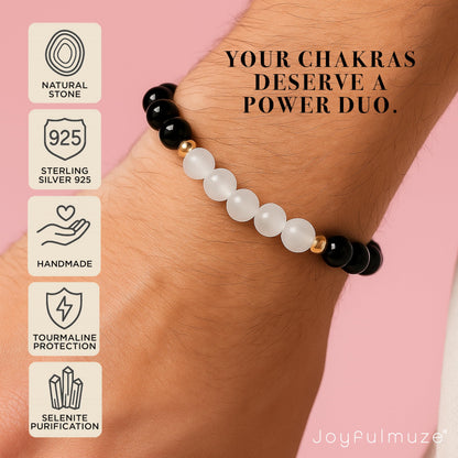 Joyfulmuze Black Tourmaline Selenite Bracelet, Handmade Stretch Jewelry, Natural Calming Crystals, Simple Genuine Chakra Energy Bracelet, Gifts for Women and Man, 8mm