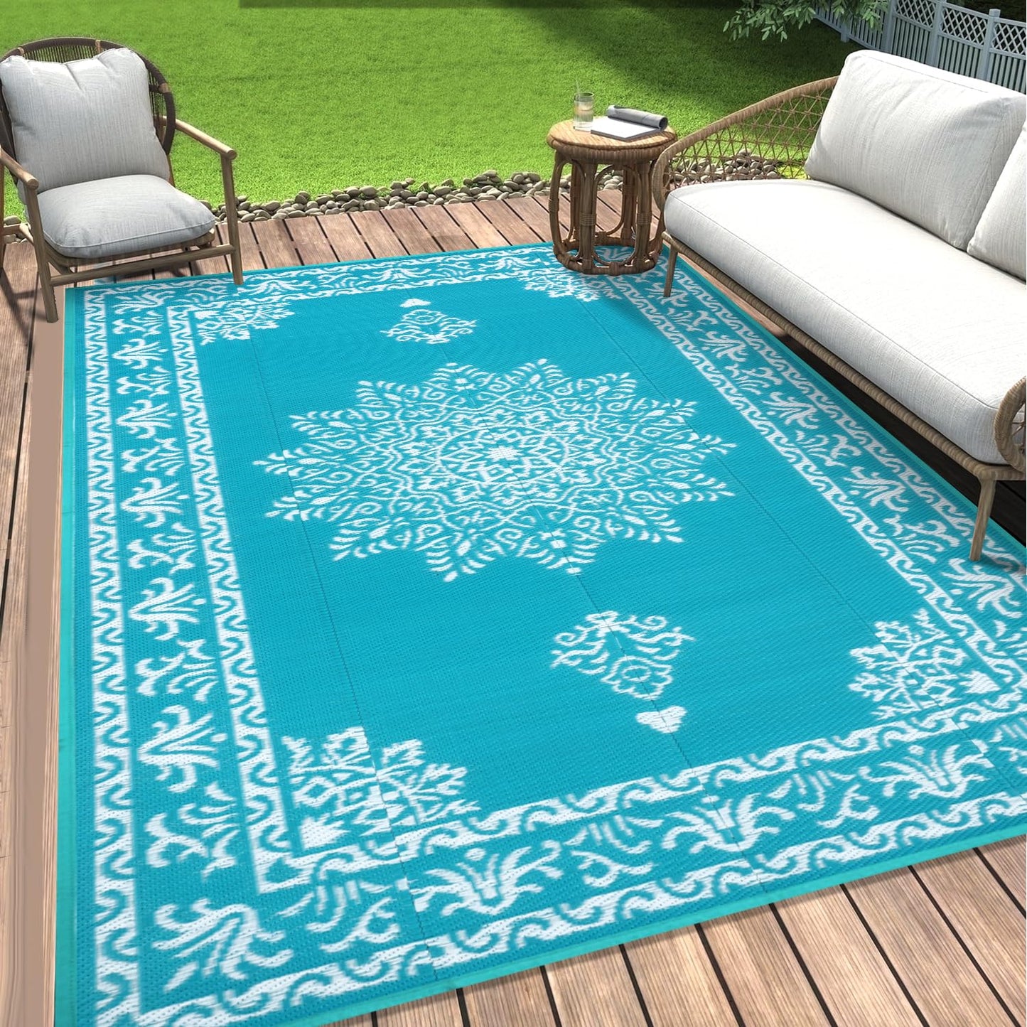 Outdoor Rug 5x8 Ft, Waterproof Plastic Straw Patio Rug, Reversible Backyard Carpet UV Resistant Portable RV Mat Clearance, Large Indoor Outdoor Rug for Patio, Porch, Deck, Balcony, Teal