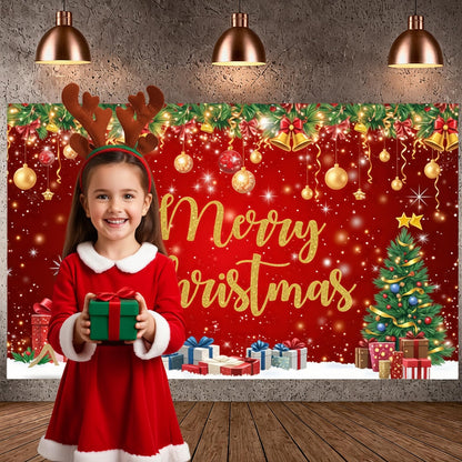 Red Gold Merry Christmas Banner Festive Party Backdrop Xmas Decorations for Home Office Christmas Eve Holiday Celebration