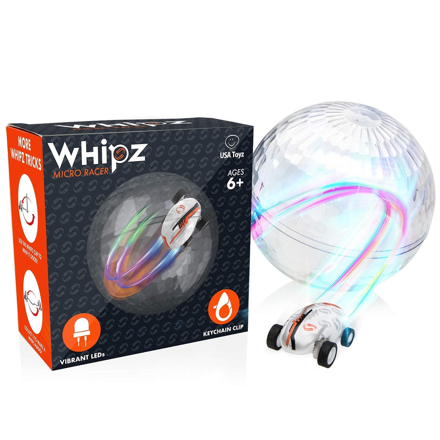 USA Toyz Whipz Micro Racers Toy Cars for Kids - Mini Keychain, Glow in The Dark LED Fast Pocket Racer Fidget Toy, Mini Car Spinner with Racing Stunt Ball, Keychain Clip, and USB Charger