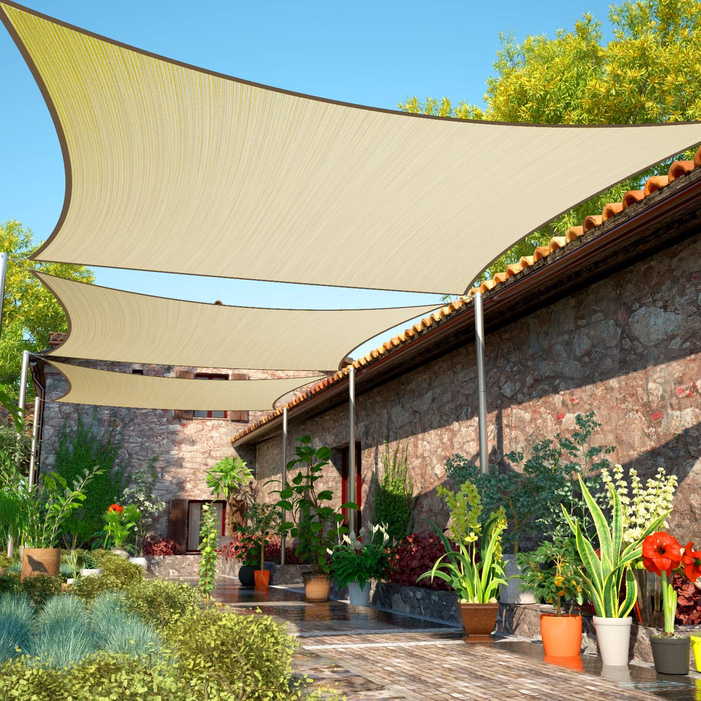 ShadeMart 16' x 16' Beige Sun Shade Sail Square Canopy Fabric Cloth Screen, Water and Air Permeable & UV Resistant, Heavy Duty, Carport Patio Outdoor - (We Customize Size) SMSL