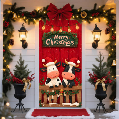 Christmas Door Cover, 35.4 x 70.8 inch Merry Christmas Door Cover Hanging Banner Backdrop Xmas Winter Holiday Decor for Front Door, Two cows