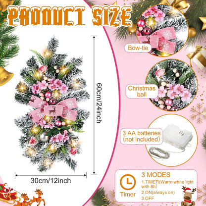 Lyrow 4 Pcs Cordless Prelit Christmas Artificial Swags 24" Xmas Stairway Swag Teardrop Trim with Timer Christmas Staircase Decoration Battery Operated Garland for Indoor Outdoor Railing Decor, Pink