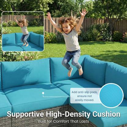 May in Color 7 Pieces Wicker Outdoor Patio Furniture Set, Patio Sectional Sofa with Coffee Table, All-Weather Outdoor Sectional Furniture for Garden Backyard, Light Blue