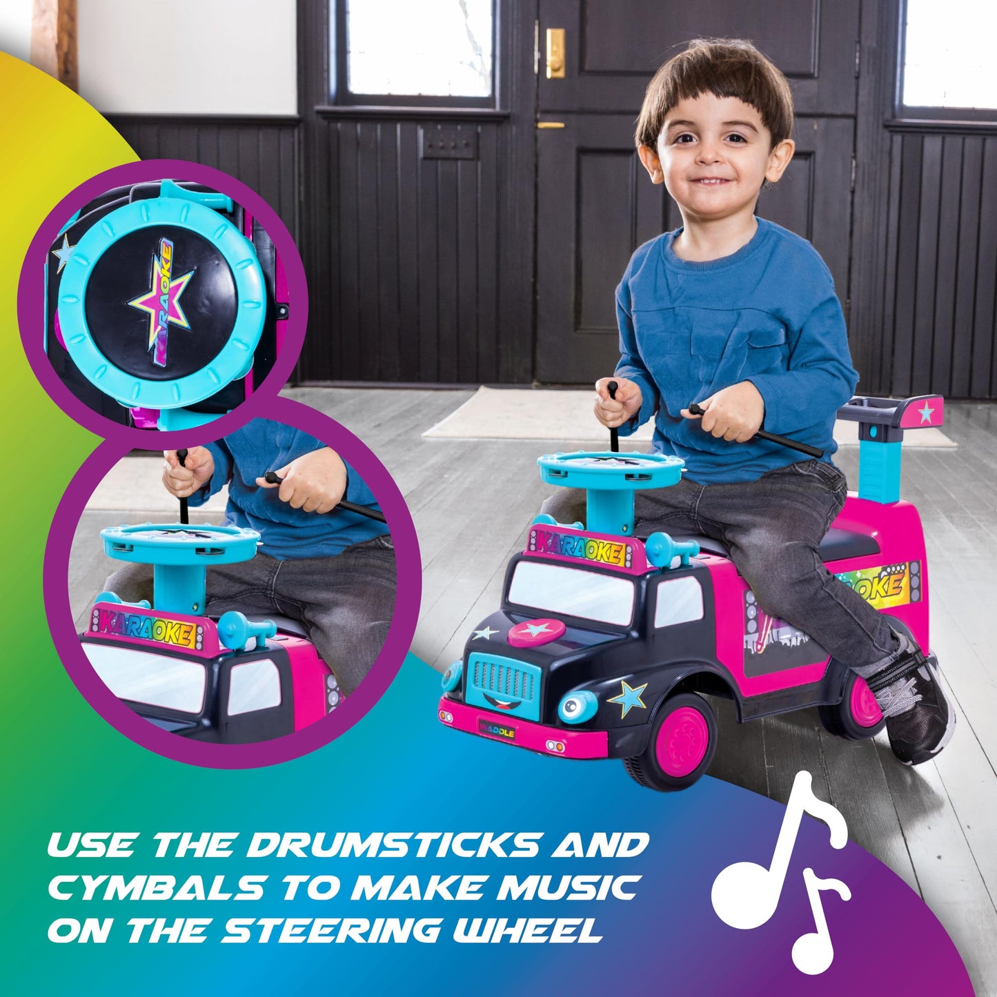 Toddler Ride On Toy - Push Car, Interactive Musical Toys for Toddlers 1-3 with Microphone, Keyboard & Drumsticks, Toddler Activities, Foot to Floor, Durable Baby Car, Easy Assembly, Baby Toy