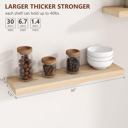 fuqing 30 Inch Floating Shelves | Natural Wood Wall Shelves Set of 2 | 30" W x 6.7" D Natural Wooden Floating Shelves for Living Room Bedroom Home Office