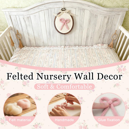 Soulchen Felted Pink Bow Nursery Wall Decor 5 x 6 Inch Cute Coquette Bow Pink Christmas Decor Wall Art Decorative Artwork for Nursery Bathroom Living Room Baby Room Bedroom Farmhouse Decoration