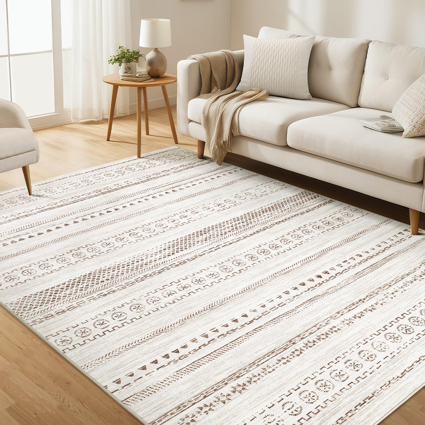 kakania 6x9 Washable Area Rug: Non Slip Soft Thin Carpet, Boho Geometric Modern Decor, Easy Clean Indoor Floor Rugs for Living Room Bedroom Kids Dorm Office Dining - Brown