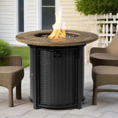 GDFStudio 30" Round Propane Fire Pit Table, 50000 BTU Outdoor Gas Heater with Faux Wood Grain Top & Glass Beads, for Patio Deck Garden Backyard, Black