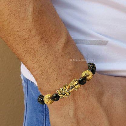 Amazing Gemstone Black Obsidian Pixiu Bracelet for Women Men's Gifts - Protection Healing Crystal Bracelet - 8mm Gemstone Beaded Adjustable Bracelet Pulseras Para Hombres Mujer Stocking Stuffers