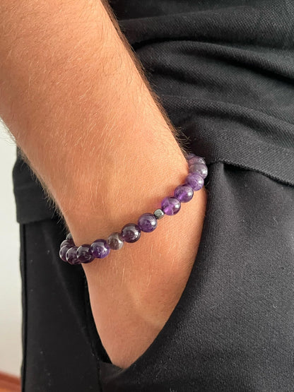joy-d 8mm Amethyst Beaded Bracelets with Natural Stone and Hematite Accents, Unisex Gemstone Beads Jewelry for Men and Women - Thoughtful Gift for Him and for Her