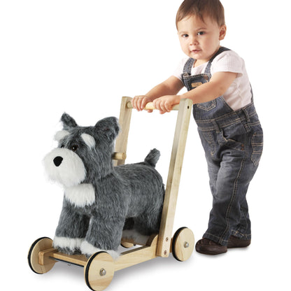 Rock My Baby Wooden Baby Walker, 2-in-1 Baby Push Walker & Ride On Toy for Toddlers 12M+, Learning to Walk Toy with Sweet Music, Soft Cuddly Dog Toy for Boys Girls (Schnauzer Dog) CPC Certified