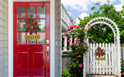Metal Welcome Sign for Front Door - Decorative Flower Hanging Plaque Spring Wreaths Wall Art - Farmhouse Patio Garden Outdoor Decorations (Red, B)