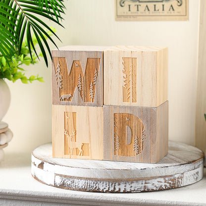 RattanView 4 Pcs 2.4 Inch Woodland Wild Nursery Wood Decor Nursery Wood Shelf Blocks for Bedroom Playroom Gifts Wild Sign Woodland Table Blocks Decor for Boys Girls