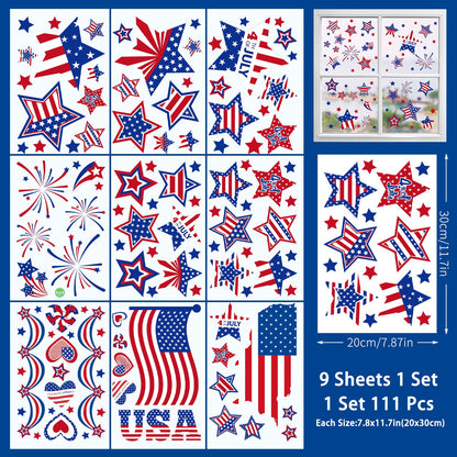 4th of July Window Clings Decorations,111 PCS Reusable Static Summer Patriotic American Flag Stickers for Glass Windows Independence Day,Memorial Day,Veteran's Day,USA Holiday Red White Blue Decor