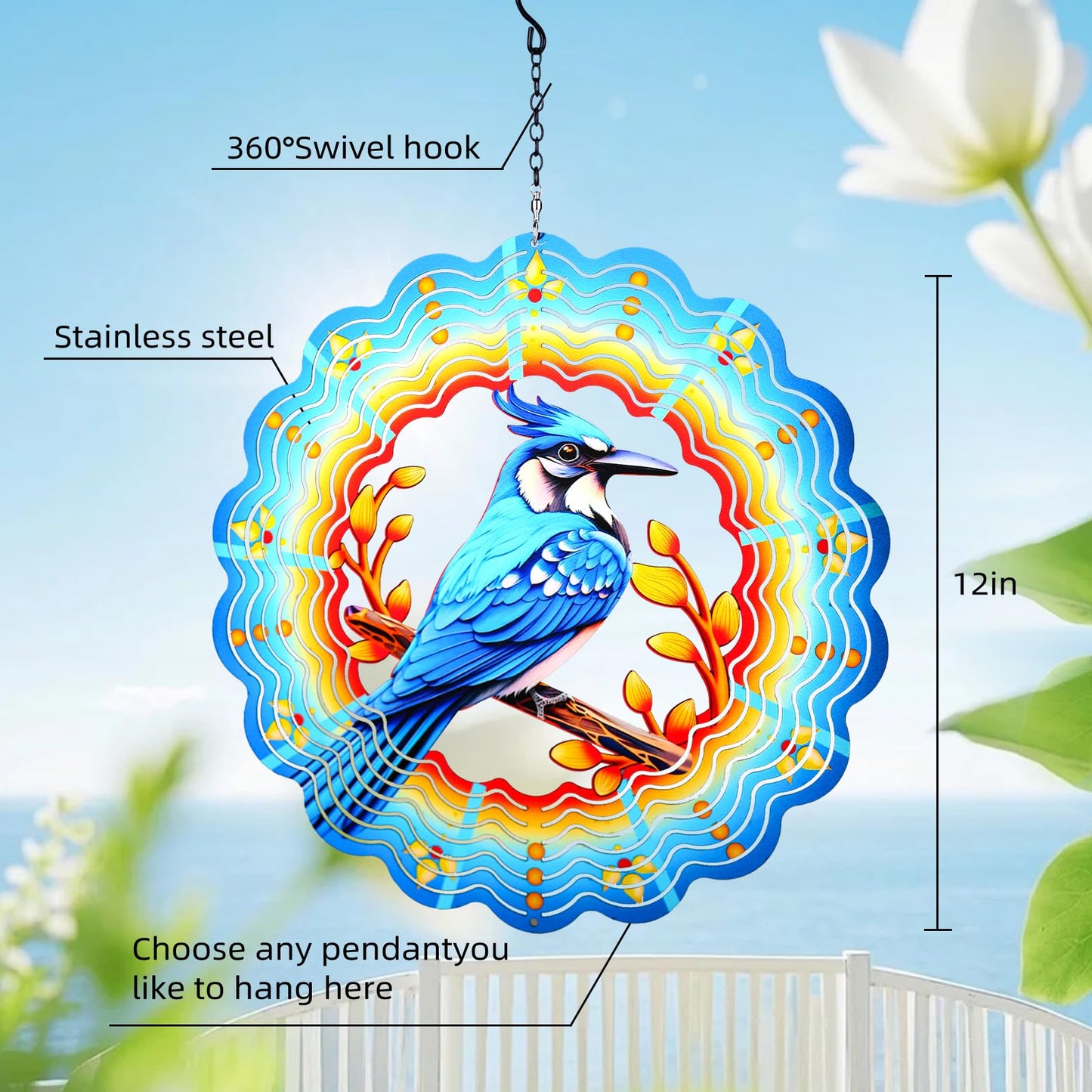 Metal Wind Spinners Hanging,12 Inch 3D Stainless Steel Blue Bird Wind Spinner Gifts for Women Mom Grandma Blue Jay Garden Decor Wind Sculpture Decoration for Yard Art, Outdoor, Porch, Backyard, Patio