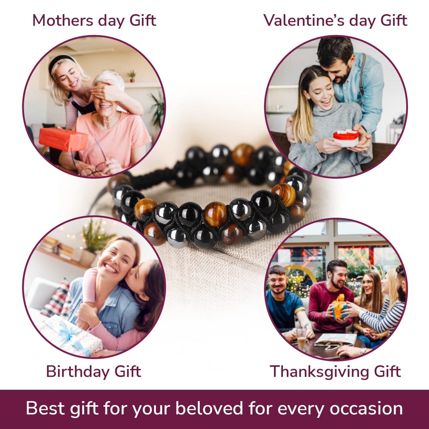 Crystal Vibe 8mm Triple Protection Bracelet - Beaded Bracelet with Natural Stones of Tiger Eye, Hematite, Black Obsidian - Elastic Adjustable Crystal Bracelet for Anxiety Relief, Spiritual Healing