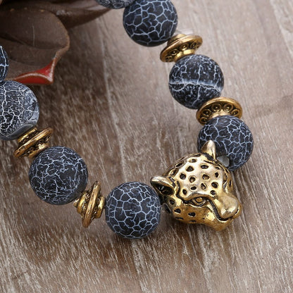 Unisex 8 mm Volcanic Lava Rock Gold Plated Panther Leopard Head Bead Buddha Bracelet Natural Stone Anti-Anxiety Essential Oil Diffuser Energy Balance Stress Relief Reiki Chakra Healing Yoga Meditation