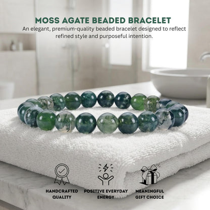 Cherry Tree Collection Moss Agate Beaded Bracelet – Genuine 8mm Gemstone Stretch Bracelet for Men & Women – Handmade Crystal Bracelet - (Moss Agate - S)