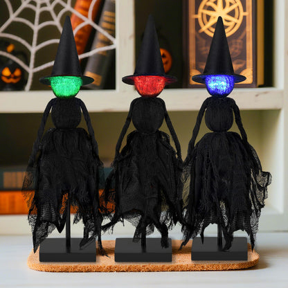 Halloween Decorations Indoor, Set of 3 Lighted Primitive Witch with Hat, Spooky Black Witches Figurines LED Lights Standing Table Decor Scary Table Centerpieces Tiered Tray Decor Shelves Mantels Home