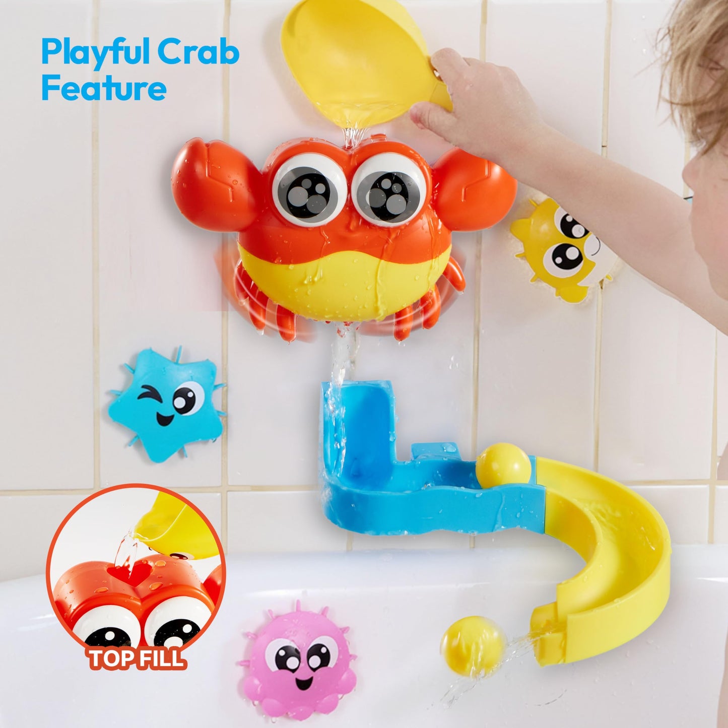 lalalark Bath Toys for Kids, 7-in-1 Shower Bathtub Toy with Crab, Whale, Rotating Fish & Slide Track, Interactive Water Play Set with Pour & Spray Fun for Toddlers, Boys Girls Birthday Gifts 3-5