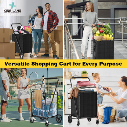 XING LANG 5.0 Cu Ft Folding Shopping Cart - 480 LB Capacity Grocery Cart with 360° Braked Swivel Wheels - Heavy Duty Utility Cart with Double Basket & Removable Waterproof Liner with Lid for Laundry