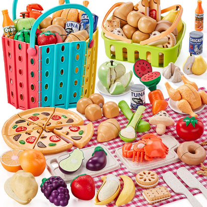 LAUGIGLE 86Pc Wheat Straw Play Food for Kids Kitchen-Toy Food with 2 Baskets & Picnic Blanket, Realistic Cutting Pizza, Grocery Cans, Pretend Play Kitchen Accessories & Toddler Toys for Boys Girls 3+