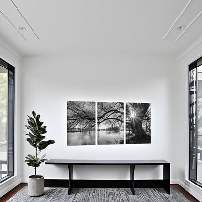 sechars - Canvas Prints Wall Art Black and White Tree in Sunrise Canvas Wall Art Lake Landscape Picture Giclee Print on Canvas Framed and Ready to Hang Modern Home Ofiice Wall Decor - 48"x24"overal