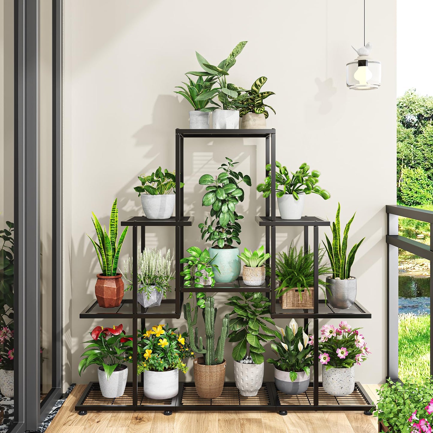 Ekisemio 5 Tier Metal Plant Stand - Heavy Duty Tall Flower Pot Holder Rack for Indoor Outdoor, Corner Display Shelf for Patio Balcony Living Room, Black