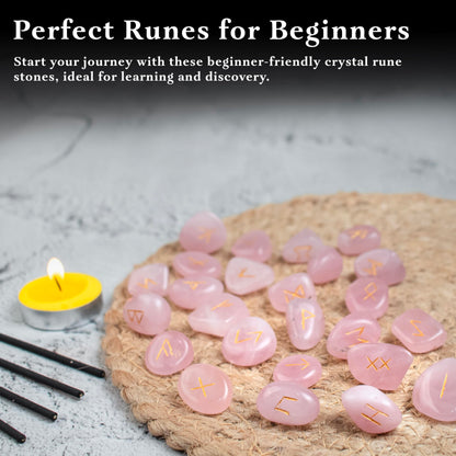 Crocon Rose Quartz Gemstone Rune Stone with Elder Futhark Alphabet Engraved Symbol 25 pcs Set for Feng Shui Reiki Crystal Healing Chakra Balancing Gift Home Decor Size: 15-20 mm
