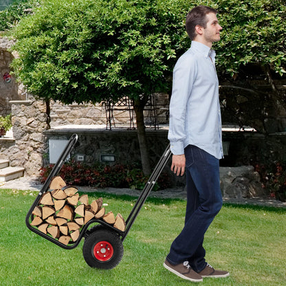 Goplus Firewood Cart with Wheels, Outdoor Indoor Rolling Fire Wood Log Cart with Pneumatic Rubber Tiers, 220 LBS Load Capacity Heavy Duty Steel Wood Storage Hauler, Log Holder Rack for Fireplace