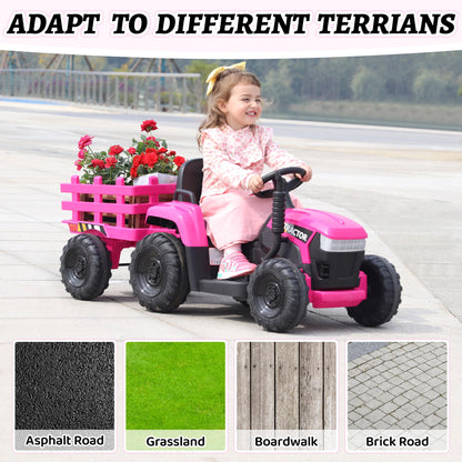 TOBBI Kids Electric Ride On Toy Tractor, Toddlers 12V Battery-Powered Car to Drive, 35W Dual Motor 6-Wheels Trailer Vehicle with 3-Speeds/LED & Horn Functions for Chirdren Aged 3-8-Pink