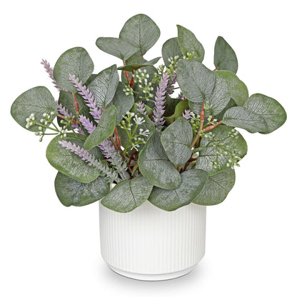 Small Artificial Plants Indoor, 9.8" Faux Eucalyptus Stems in Ceramic Pot for Table, Desk, Shelf, Fake Potted Plants Eucalyptus Leaves with Lavender for Centerpieces, Living Room, Bathroom, Bedroom