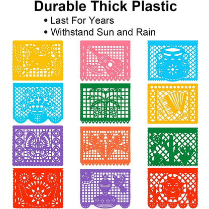 DUNCHATY 6 Pack Mexican Banner - 132Ft(22ft x 6) Papel Picado Fiesta Decorations Cinco de Mayo Día de Muertos Birthday Party Supplies - 12 Patterns with String Waterproof Plastic Indoor Outdoor