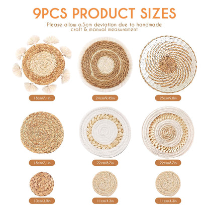 9PCS Boho Wall Baskets Set, Seagrass Rattan Wicker Basket Set, Round Handmade Hanging Basket Decor for Farmhouse Living Room Bedroom Display Table Kitchen Home