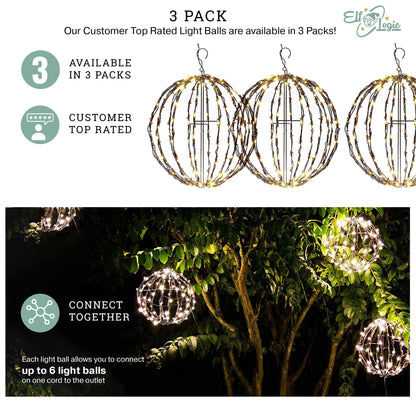 Elf Logic 3 Pack 16” Outdoor/Indoor LED Christmas Light Balls. Durable, Waterproof, Long-Lasting, Lightweight Bright Light Ball. Warm LED Lights for Holiday Decor, Patio, Wedding Decor