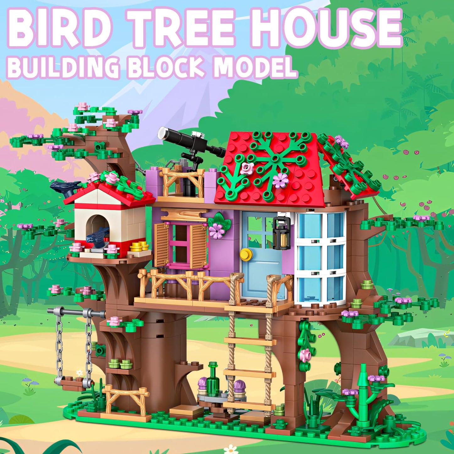 Myth Qholve Bird Tree House Building Block Set Creative Forest Playhouse Toy with Swing Ladder and Bird Nest Nature Adventure Kit for Nature Loving Kids Teens
