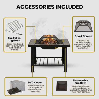 Fire Pit - 30-Inch Outdoor Firepit Table with Screen, Cover, and Poker - Outdoor Fire Pits for Backyard, Deck, Patio, or Porch by Pure Garden (Black)