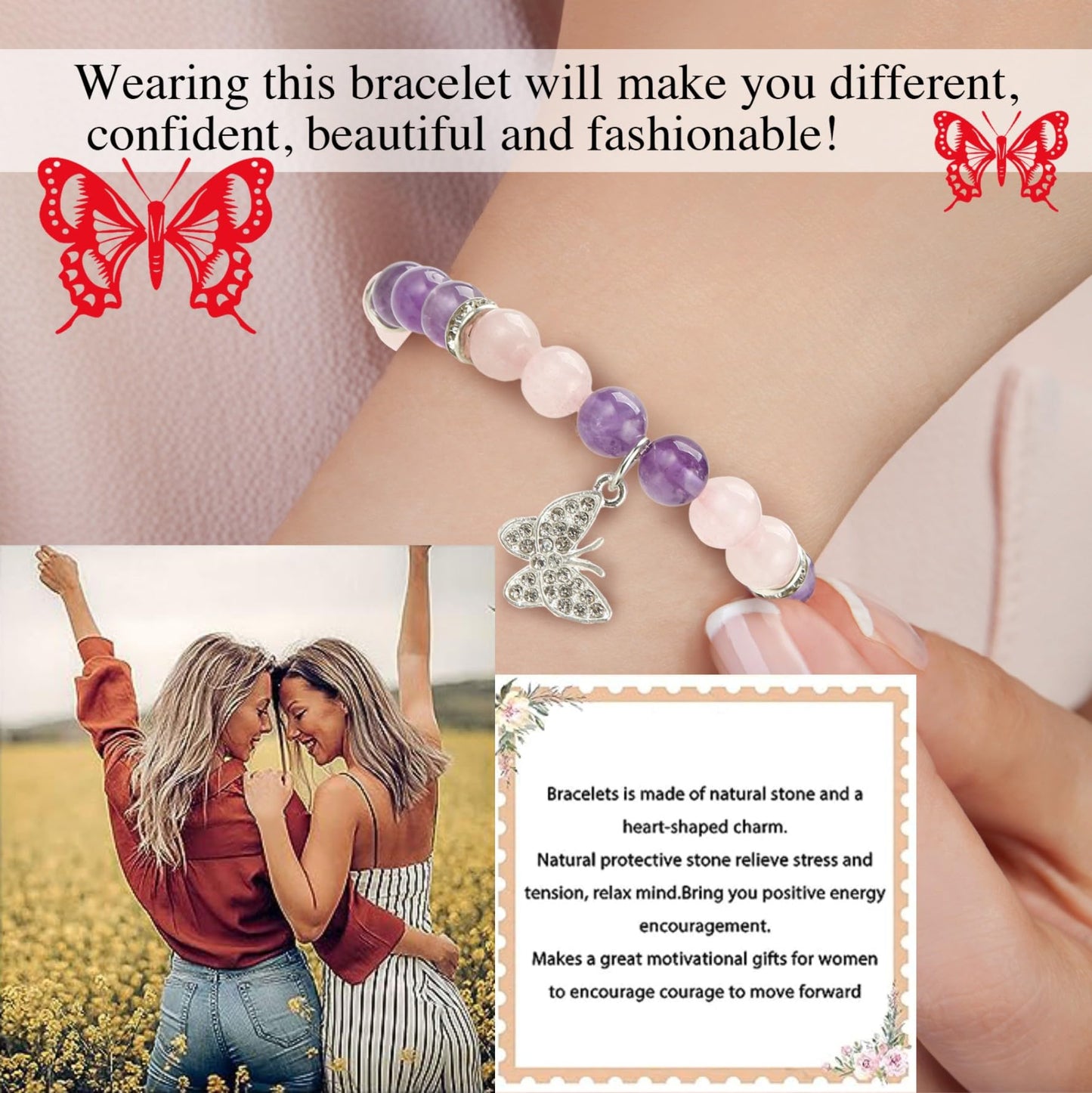 Inspirational Gifts for Women Natural Stone Heart Butterfly Bracelet for women Unique Small Gifts for Birthday Mothers day Thanksgiving Christmas Valentine's Day Teacher Appreciation Gifts (Amethyst)