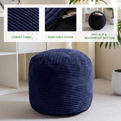 HIGOGOGO Round Stuffed Pouf Ottoman, Corduroy Poufs with Foam Chunk Filling, Furry and Fluffy Pouf Foot Stool Storage Ottoman, 20 X 15 Floor Poufs Foot Rest for Living Room, Navy