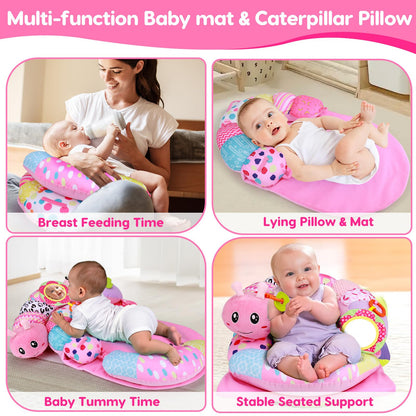 2 in 1 Baby Tummy Time Mat & Support Seated Pillow Infant Newborn Toys 0 1 2 3 4 5 6 Months Pink Caterpillar Sensory Developmental Playmat 0-6 3-6 12 Month Mirror Babies Girls Shower Easter Gifts