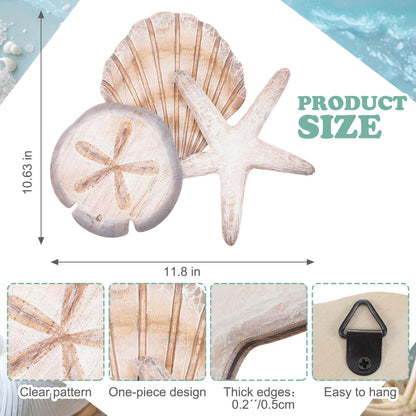 Novabright Coastal Sea Shell Wall Art Rustic Wooden Starfish and Sand Dollar Decor for Beach Theme Bathroom Bedroom Living Room Nautical Wooden Sign for Lake House Summer Home Decoration(Brown)